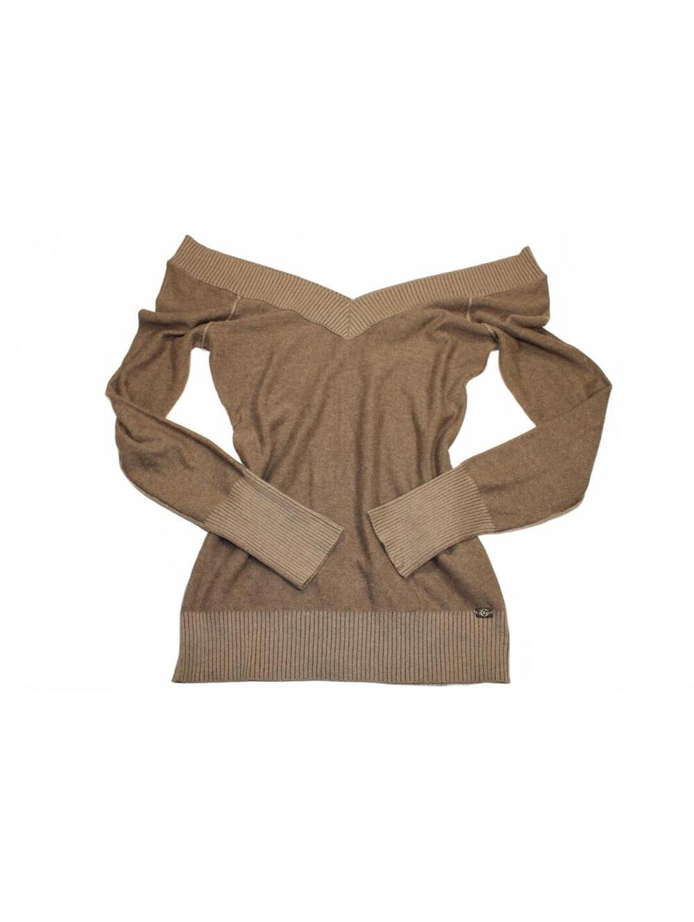 Vintage GUESS Off The Shoulder Ribbed Knit Sweater Taupe V-Neck Long Sleeve (L)